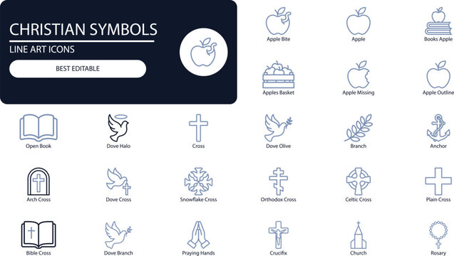 Christian symbols icons set. Outline vector collection of cross, dove, bible, rosary and church for religious design