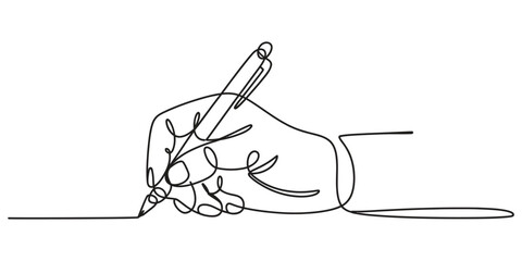 Obraz premium Continuous single line drawing of a hand holding a pen writing on paper