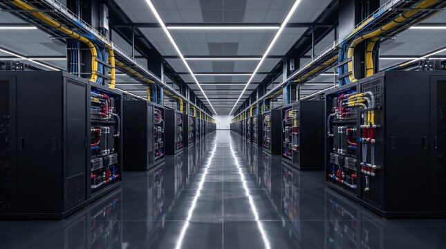 Modern hyperscale AI data center with premium GPU server infrastructure, advanced liquid cooling systems and enterprise cloud computing architecture in an ultra-clean futuristic environment.