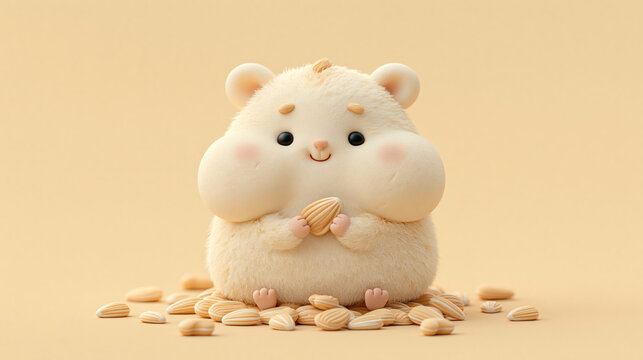 A cute fluffy hamster with chubby cheeks sits on a surface while holding a small seed to eat in a studio setting against a light background