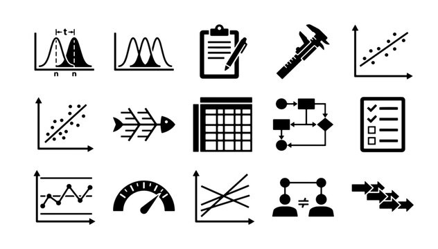 Six Sigma quality control icons set, lean manufacturing process symbols, 15 black vector data analysis and statistical management graphics