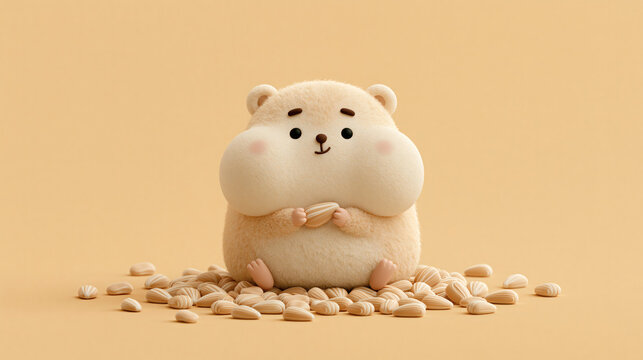 A cute fluffy hamster with chubby cheeks sitting on a solid background while holding and eating a small sunflower seed in a simple studio setting