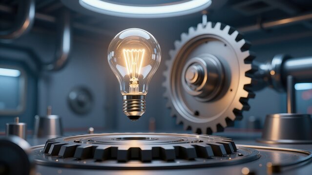 Illuminated Idea: A glowing incandescent lightbulb hovers above a metallic surface, surrounded by intricate machinery and gears, symbolizing innovation and technological advancement.