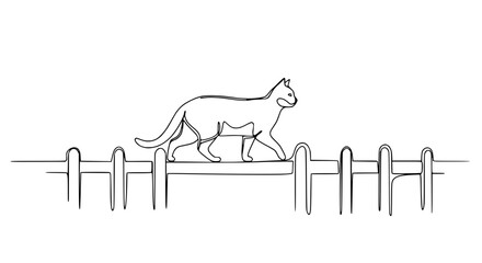Minimalist single line art of a pet cat balancing on top of a wooden garden fence