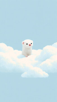 A cute white ferret sits peacefully on top of a soft fluffy cloud against a light blue sky background in this digital illustration