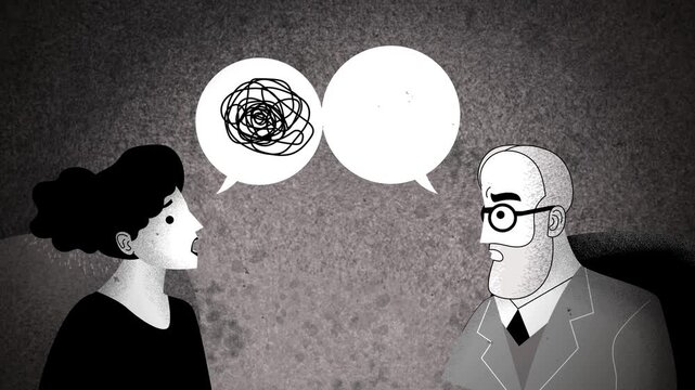 woman in psychoanalysis explaining tangled thoughts while psychologist helps organize them
