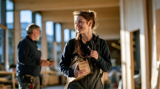 Junge Fachfrau macht eine Kaffeepause auf einer modernen Baustelle