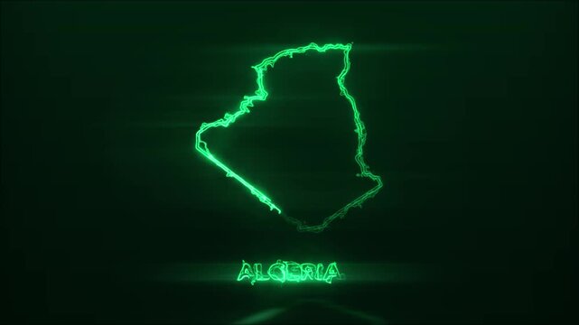 Neon Glowing Algeria Map Outline Motion Video Cyberpunk LED Country Border Loop Graphic