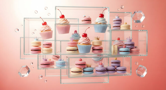 Miniature cupcakes with red cherries and colorful macarons displayed inside clear glass boxes on soft pink background