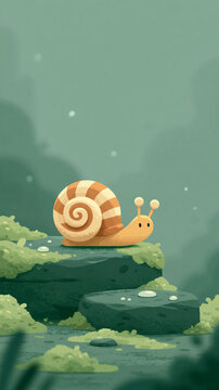 A cute cartoon snail with a striped shell crawls slowly across a mossy stone in a peaceful forest setting with a soft green background