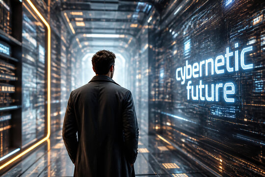 A man stands in a futuristic, digital corridor looking at "cybernetic future" text.