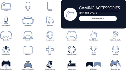 Gaming accessories icons set. Outline vector collection of controller, headset, VR, trophy and joystick symbols for esports and app design. © s