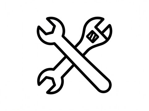 Minimalist crossed wrenches icon, black outline mechanical tools symbol, industrial repair and maintenance sign on white background