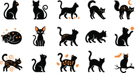 Obraz premium Black cat silhouette collection, 15 Halloween kitten icons in various poses, mystical feline vector set with orange celestial moon and leaf details