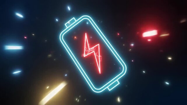 looping animation of a neon battery symbol floating in darkness. The battery ou