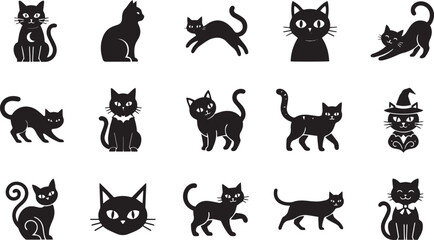Black cat silhouette icons set, 15 mystical kitten vector illustrations, spooky Halloween feline characters for occult and witchcraft designs © Israt