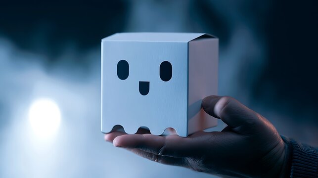 Hand holding white cardboard box with smiley face