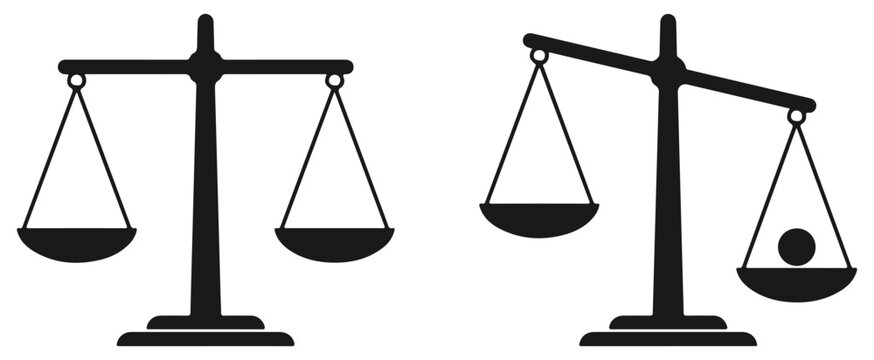 Balance scales showing equilibrium and imbalance with a weight in one pan