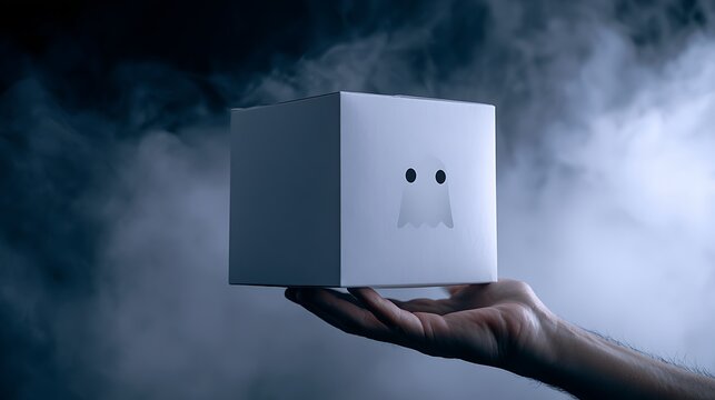 hand holding white box with ghost face in smoke
