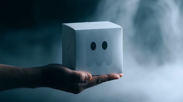 Hand holding a white cube with a cute face
