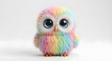 Fototapeta premium Cute fluffy rainbow owl baby character with huge sparkling blue eyes, 3D chibi owl mascot isolated on white background