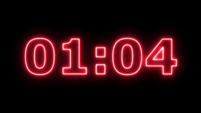 Abstract glowing neon 1 minute 10 second countdown animation from 70 seconds to 0 seconds on a black background. time countdown timer. 