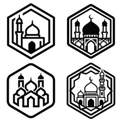 Fototapeta premium Black and white mosque icons set.