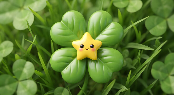 Glossy 3D four leaf clover with cute smiling yellow star character in center on green grass background, good luck concept