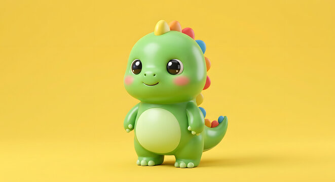 Cute 3D green baby dinosaur character with colorful back spikes, smiling chibi dino mascot isolated on yellow background