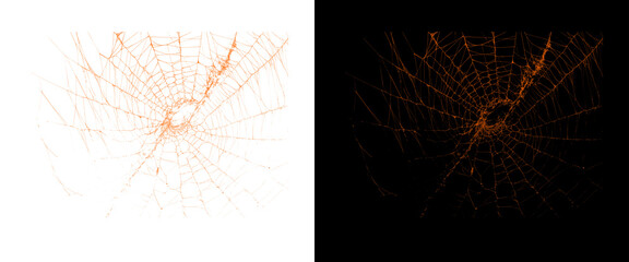 Orange spider web design elements, glowing cobweb patterns on black and white backgrounds, spooky halloween decorative graphics © Motion Mania