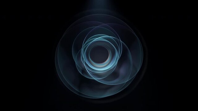 Translucent concentric rings glowing under top spotlight, forming dark central vortex with cyan inner light, smooth layered curves, elegant futuristic abstract composition