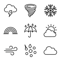 Obraz premium Set of nine weather icons in black line art style.