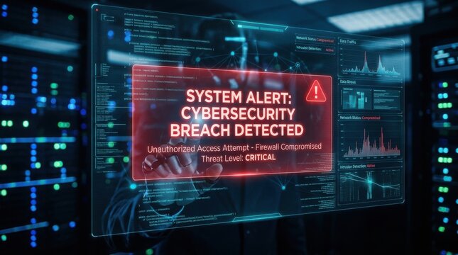 Critical System Alert: Cybersecurity Breach Detected, Highlighting a Digital Threat to Data Security and Network Infrastructure.