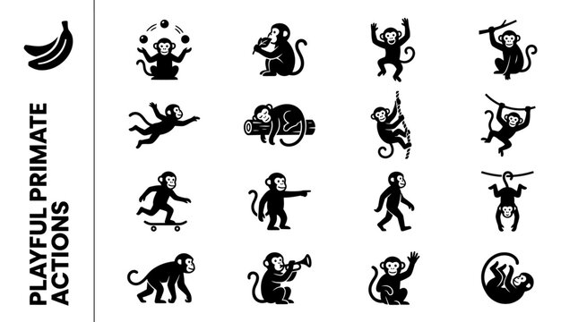 Playful monkey icons depicting various active poses and funny animal character behaviors silhouette set for graphic design
