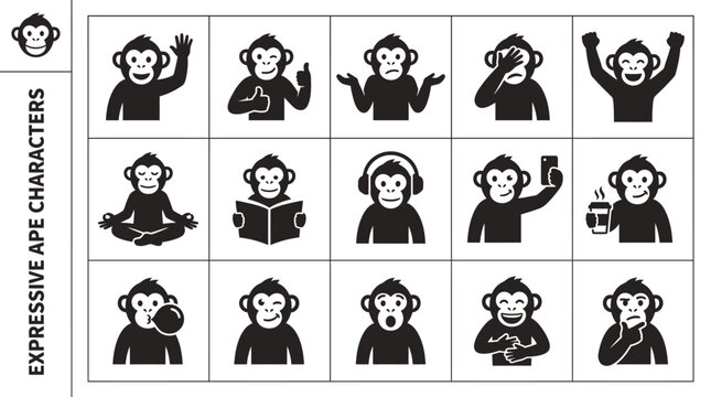Expressive ape silhouette set featuring various poses, gestures, and activities in a clean black and white vector design format