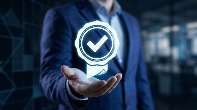 Quality assurance certificate icon held by professional businessman showing excellence in business standard compliance and digital trust authentication symbol design