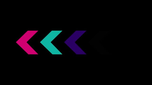Colorful neon chevron arrow symbols in a line on a solid black background