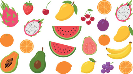 Colorful tropical fruits vector collection set featuring watermelon slices, dragon fruit, mango, banana, papaya, avocado, orange, and berries for healthy food design illustration. © Leon