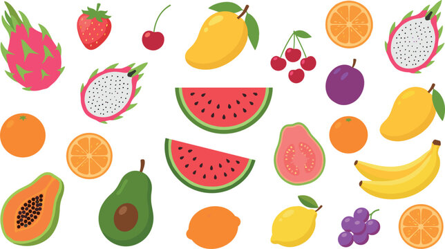 Colorful tropical fruits vector collection set featuring watermelon slices, dragon fruit, mango, banana, papaya, avocado, orange, and berries for healthy food design illustration.