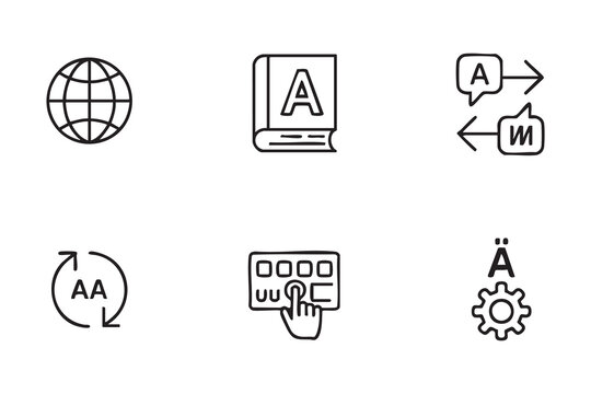 Language translation and localization line icon set with global communication dictionary multilingual text conversion and keyboard input symbols