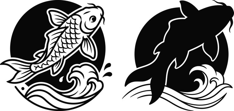 Black and white vector illustration of koi fish jumping out of water in circular frame designs