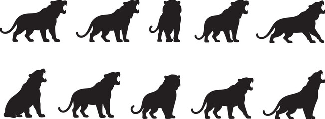 Premium Lion Silhouette Vector Icon Set, Black Wild Big Cat Collection, Flat Solid Glyph Isolated on White Background © MirazHossain