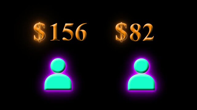 Two User Icons with Different Values, Glowing Neon $210 and $110 Price Comparison 4k Animation on black background. Digital Finance Concept, Cost Evaluation, Money Analysis and Modern Business Graphic