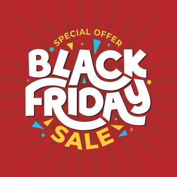 Black Friday sale special offer typography design with colorful confetti on red sunburst background vector illustration. Festive shopping discount banner template for web ad, poster. Holiday big deal.