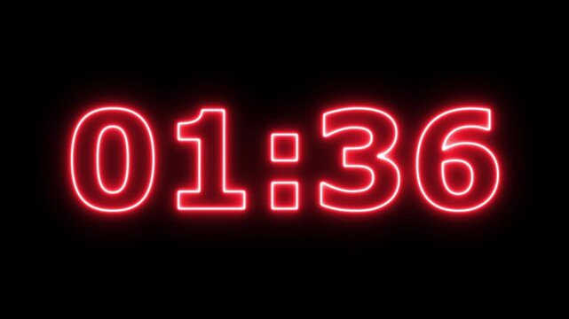 Abstract glowing neon 1 minute 45 second countdown animation from 105 seconds to 0 seconds on a black background. time countdown timer. 