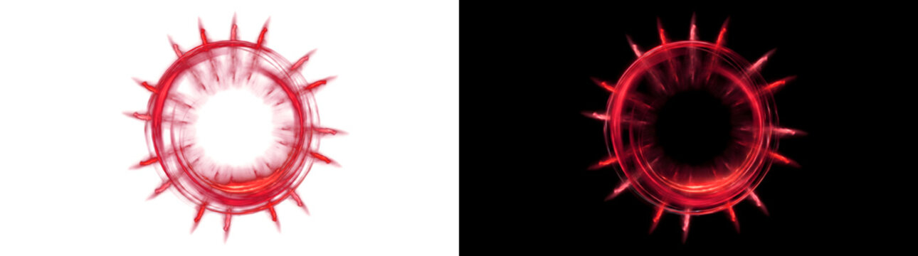 Red energy gear ring glowing with spiked light rays on dark background for PNG, Transparent and Black Background Versions