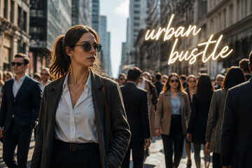 Fototapeta premium A stylish woman stands on a busy city street with the text 
