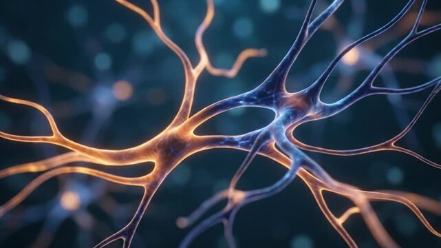 Microscopic view of synapse connection between nerve cells sending energy signals on dark background
