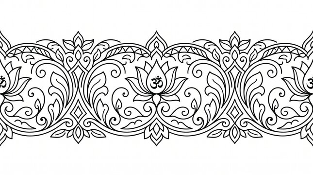Elegant black line art border featuring lotus flowers, Om symbols and floral ornaments. Decorative seamless Hindu pattern for invitations, backgrounds and spiritual designs