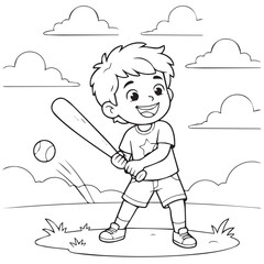 Little boy playing baseball. Cute child hitting a ball with a bat, vector line art. A cute cartoon boy playing baseball.